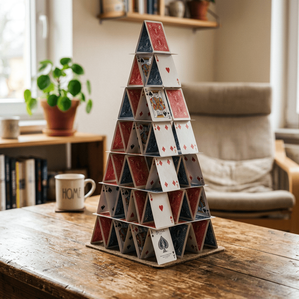 Tower of playing cards balanced on a wooden coffee table